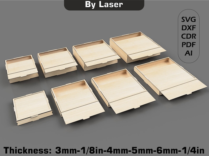 May include: Set of six wooden boxes with lids, each box is a different size. The boxes are made of light wood and have a natural finish. The boxes are arranged in a row, with the largest box on the left and the smallest box on the right. The boxes are labelled with the text "SVG, DXF, CDR, PDF, AI" and "Thickness: 3mm-1/8in-4mm-5mm-6mm-1/4in".