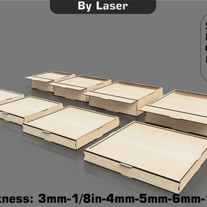 May include: Set of six wooden boxes with lids, each box is a different size. The boxes are made of light brown wood and have a black outline. The boxes are arranged in a row from smallest to largest. The text "Thickness: 3mm-1/8in-4mm-5mm-6mm-1/4in" is at the bottom of the image.