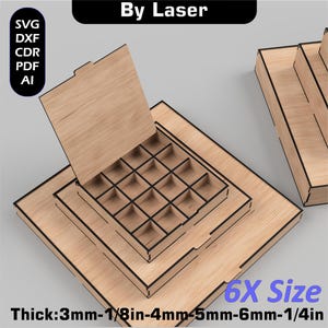 Caja de almacenamiento cortada a láser, con tapa abatible y compartimentos, descarga digital SVG