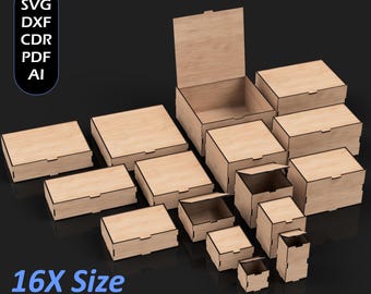 Laser Cut Boxes With Flip Up Lid Files, 16X Size, Stash Box, SVG