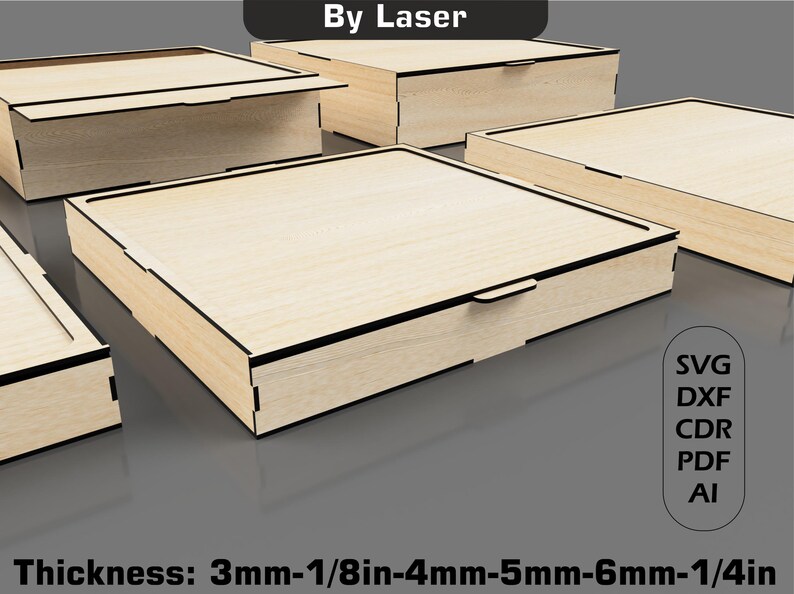 May include: Four wooden boxes with lids, designed for laser cutting. The boxes are made of light wood with a natural finish. The boxes are shown in different sizes and orientations. The text "By Laser" is at the top of the image. The text "Thickness: 3mm-1/8in-4mm-5mm-6mm-1/4in" is at the bottom of the image. The text "SVG DXF CDR PDF AI" is on the right side of the image.