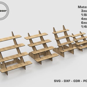 May include: Four wooden tiered display stands with four shelves each. The stands are made of wood and are available in 3mm, 4mm, 6mm, and 1/4 inch thicknesses. The stands are perfect for displaying small items, such as jewelry, cosmetics, or crafts.