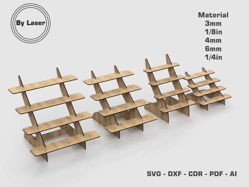 May include: Four wooden tiered display stands with four shelves each. The stands are made of wood and are available in 3mm, 4mm, 6mm, and 1/4 inch thicknesses. The stands are perfect for displaying small items, such as jewelry, cosmetics, or crafts.