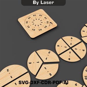 Può includere: Un puzzle di legno con una base circolare e più pezzi a forma di fette di torta. I pezzi sono etichettati con numeri e frazioni. Il puzzle è progettato per aiutare i bambini a imparare le frazioni.