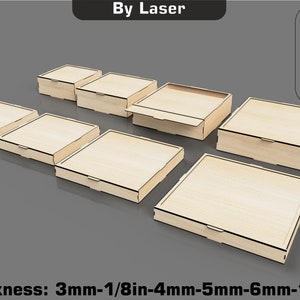 May include: Set of six wooden boxes with lids, in various sizes, made for laser cutting. The boxes are made of light brown wood with black lines around the edges. The text "Thickness: 3mm-1/8in-4mm-5mm-6mm-1/4in" is at the bottom of the image. The text "SVG DXF CDR PDF AI" is in a circle at the top right of the image.