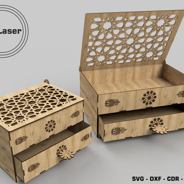 Kommode Schmuckschatulle, Laser geschnittene Dateien - Holz Geschenkbox, Laser geschnitten Holzkiste, Vektordateien, Glowforge SVG