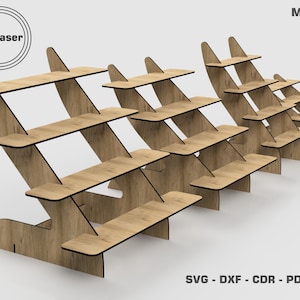 May include: A set of five wooden tiered display stands, each with four shelves. The stands are made of 3mm, 4mm, and 6mm thick wood. The stands are arranged in a staggered formation, with the largest stand in the back and the smallest stand in the front. The stands are designed for displaying products or merchandise.