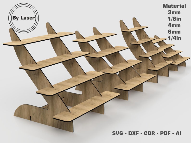 May include: A set of five wooden tiered display stands, each with four shelves. The stands are made of 3mm, 4mm, and 6mm thick wood. The stands are arranged in a staggered formation, with the largest stand in the back and the smallest stand in the front. The stands are designed for displaying products or merchandise.