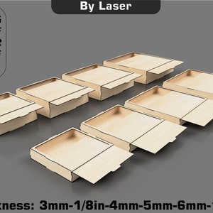 May include: Eight wooden boxes with lids, each box is open to reveal the interior. The boxes are arranged in a row, with the lids open at varying angles. The boxes are made of light-coloured wood and have a natural finish. The text "Thickness: 3mm-1/8in-4mm-5mm-6mm-1/4in" is visible at the bottom of the image.