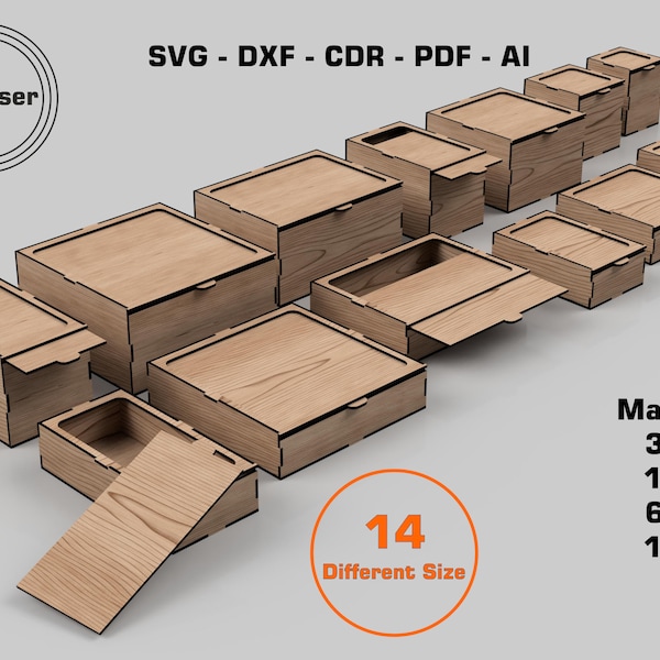 Boîtes découpées au laser avec boîte à couvercle coulissant, 14 tailles différentes, versions multiples, boîte-cadeau en bois, fichiers de découpe laser SVG