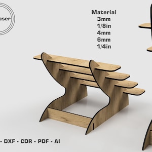 May include: Two wooden shelf units with a curved design. The shelves are made of 3mm, 4mm, and 6mm wood. The text "Material 3mm 1/8in 4mm 6mm 1/4in" is visible on the right side of the image. The text "By Laser" is visible in a circle on the left side of the image. The text "SVG - DXF - CDR - PDF - AI" is visible at the bottom of the image.