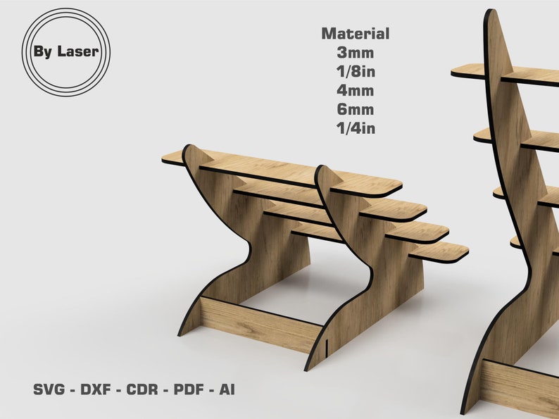 May include: Two wooden shelf units with a curved design. The shelves are made of 3mm, 4mm, and 6mm wood. The text "Material 3mm 1/8in 4mm 6mm 1/4in" is visible on the right side of the image. The text "By Laser" is visible in a circle on the left side of the image. The text "SVG - DXF - CDR - PDF - AI" is visible at the bottom of the image.