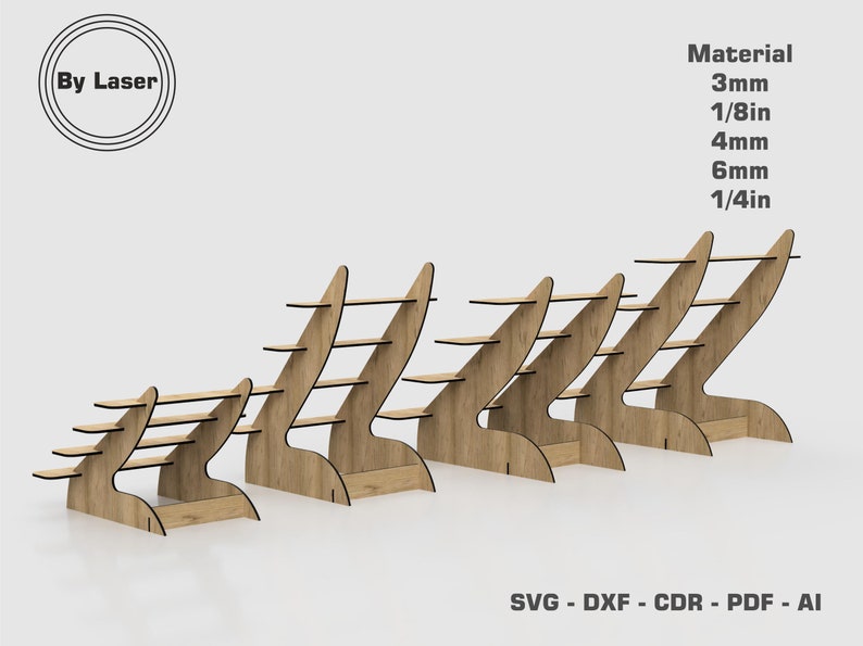 May include: Five wooden shelves in different sizes, each with a unique curved design. The shelves are made of plywood and are perfect for displaying small items. The shelves are labeled with the text "By Laser" and "Material 3mm, 1/8in, 4mm, 6mm, 1/4in".