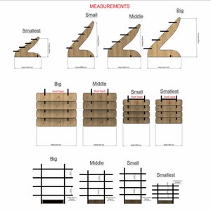 May include: Diagram showing different sizes of wooden display stands with measurements in inches. The stands are made of wood and have a curved shape. The stands are available in four sizes: smallest, small, middle, and big.