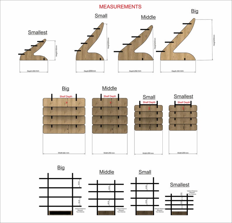 May include: Diagram showing different sizes of wooden display stands with measurements in inches. The stands are made of wood and have a curved shape. The stands are available in four sizes: smallest, small, middle, and big.