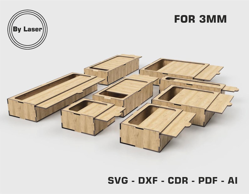 Boîtes avec couvercle coulissant, 8 boîtes de rangement de tailles différentes, pour matériau de 3 mm, fichier découpé au laser Svg, Dxf Glowforge image 4