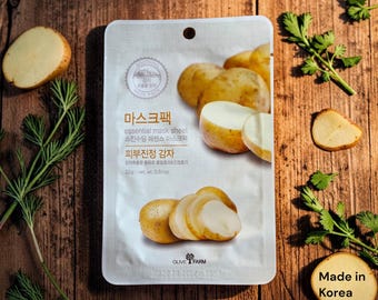 Mascarilla coreana de patata de 3 hojas para calmar e iluminar la piel, mascarilla esencial de Olive Farm, cuidado facial K-Beauty, mascarilla calmante para la piel, regalo para ella.
