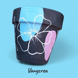 Pot de fleur en terre cuite peint la main pot décoré motif floral pot de fleurs pour jardin customisé argile cadeau joli pot de plante bleu
