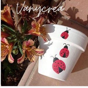 Peut inclure: Un pot de fleurs en céramique blanche orné de trois coccinelles peintes à la main avec des ailes rouges et des points noirs. Le texte Vanycrea est écrit en écriture cursive blanche sur la partie supérieure. Le pot a une finition mate lisse.