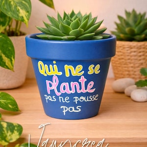 Può includere: Un vaso di fiori blu dipinto con la scritta "Qui ne se Plante pas ne pousse pas" in giallo, rosa e bianco. Il vaso contiene una pianta succulenta verde. Il fondo del vaso riporta la scritta "Vanycrea" in corsivo bianco.