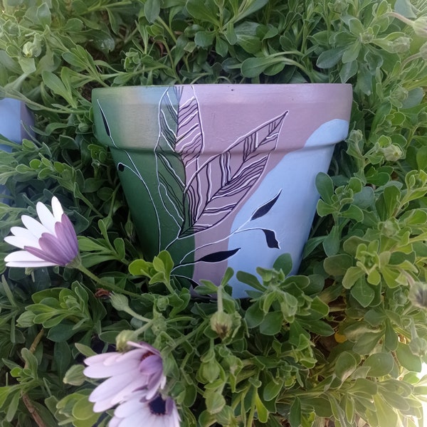 pot de fleurs en terre cuite recyclé peint à la main motif floral unique, gros pot en terre cuite peint main, terracota pot de fleur design