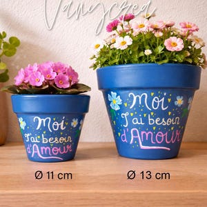 Puede incluir: Dos macetas azules pintadas con el texto "Moi J'ai besoin d'Amour". La maceta más pequeña tiene 11 cm de diámetro, y la más grande 13 cm. Ambas macetas contienen plantas con flores.