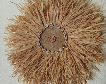 Handmade raffia wall decoration, boho style, Bali decor, natural straw wreath, ethnic style, nature decor, seashells, circle, Christmas gift, raffia