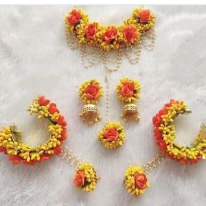 Yellow Floral Jewelry Set: Haldi Mehndi Jhumki Earrings, Babyshower Necklace