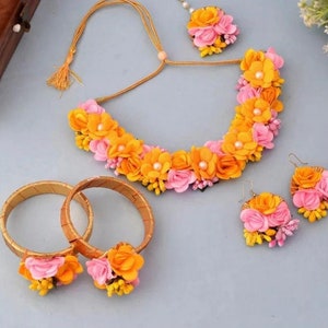 Pink & Yellow Floral Jewelry Set: Haldi, Mehndi, Baby Shower