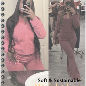 May include: Two-panel image featuring a woman in a pink tracksuit and another in a burgundy ribbed knit set. The text "Soft & Sustainable Weight Loss With Naiya" is overlaid on the image. The outfits appear to be comfortable and stylish.