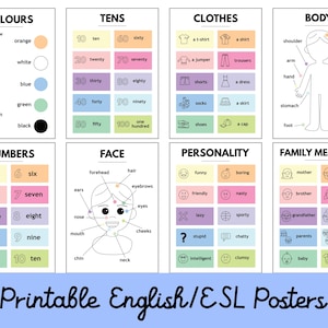 English ESL Language Posters and Flashcards Printable. English educational resource for classroom language learning decor and home learning.