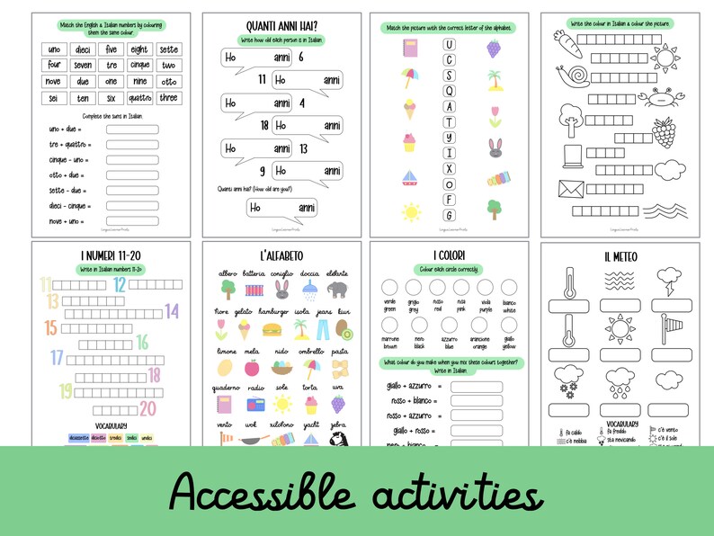 Italian Printable Activity Sheets for Kids for Home Learning and School ...