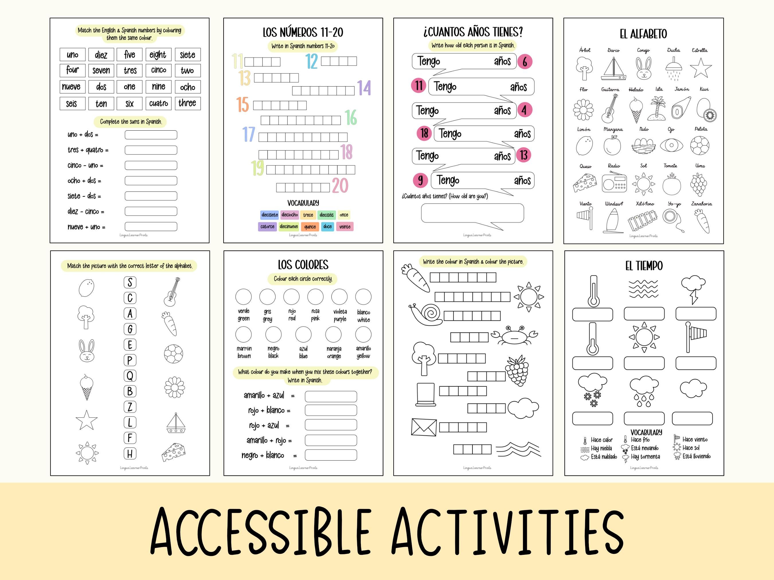 Spanish Printable Activity Sheets for Kids for Home Learning and School ...