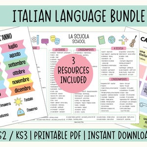 May include: A bundle of Italian language learning resources. The image features three colorful printable PDFs with vocabulary lists, including months, school terms, and carnival words. The title "Italian Language Bundle" is at the top.