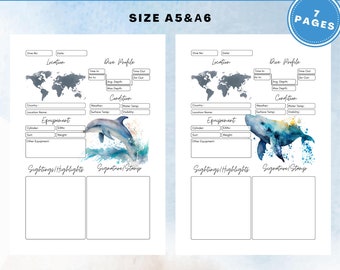 Printable Scuba Diving Logbook Pages  | Ocean Themed Graphics | A5, A6 format | English