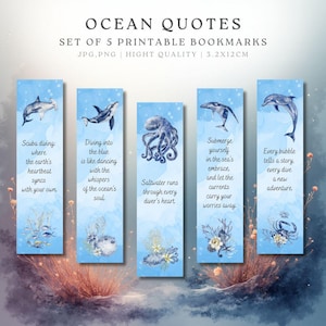 Può includere: Set di 5 segnalibri stampabili con citazioni sull'oceano. Ogni segnalibro presenta un'illustrazione ad acquerello di vita marina, tra cui uno squalo martello, un'orca, un polpo, una balena e un delfino, con citazioni ispiratrici. Misurano 3,2 cm x 12 cm.