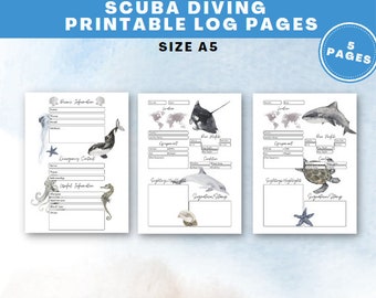 Printable Scuba Diving Logbook Pages (A5 & SSI standard)| Ocean Themed Graphics