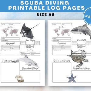 Printable Scuba Diving Logbook Pages | Ocean Themed Graphics | A5, A6 & SSI Standard Formats | English
