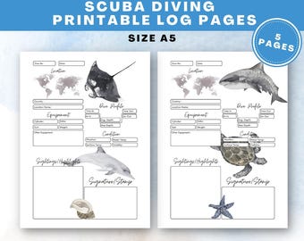Printable Scuba Diving Logbook Pages | Ocean Themed Graphics | A5, A6 & SSI Standard Formats | English