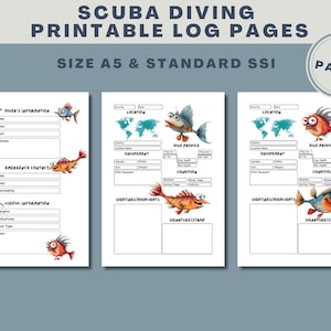 Puede incluir: Páginas imprimibles de registro de buceo con un diseño caprichoso. Las páginas incluyen secciones para la información del buceador, contacto de emergencia y detalles de la inmersión. Decoradas con ilustraciones de peces de dibujos animados y el texto "SCUBA DIVING PRINTABLE LOG PAGES".