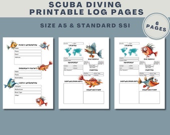 Taucher Logbuch Seiten (A5 & SSI Standard) mit lustigen Fisch Grafiken