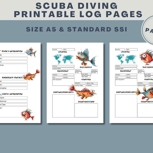 Scuba Diving Logbook Pages (A5 & SSI standard) with Funny Fish Graphics