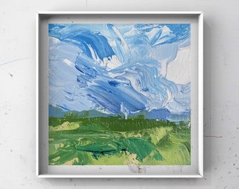 Mini Abstract Landscape, Field and Blue Sky,  Oil Painting, Oil on Panel, 3x3in