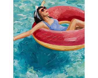 Woman Swimming, Original Oil Painting on Paper, Summer Wall Art 8x10 inches