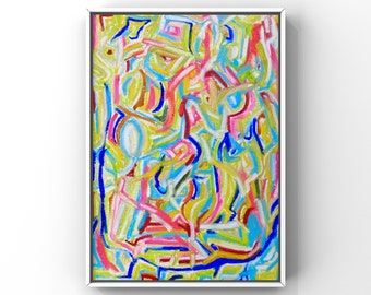 Original 9x12" Neon Abstract Painting, Oil on Canvas panel, Bright Confetti
