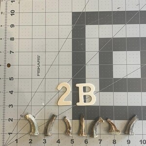 May include: A collection of small, curved, tan-colored objects, possibly decorative antlers, arranged on a gray cutting mat. Two cream-colored letters, "2B", are positioned above the objects. The mat has a grid pattern with inch measurements.