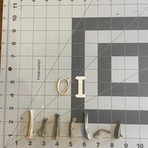 May include: A collection of small, natural-colored antler pieces arranged on a gray and white cutting mat. Two wooden letters, "C" and "I", are positioned above the antlers. The mat has a ruler printed along the edges for measurement.