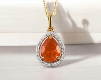 Mexican Fire Opal Pendant in Yellow Gold Plated Sterling Silver, Fire Opal Pendant, Fire Opal Necklace, Fire Opal Jewelry