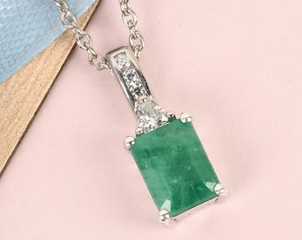 Natural Emerald Solitaire Pendant in Sterling Silver, Emerald Pendant, Emerald Necklace, Emerald Jewelry, May Birthstone Jewelry for Women