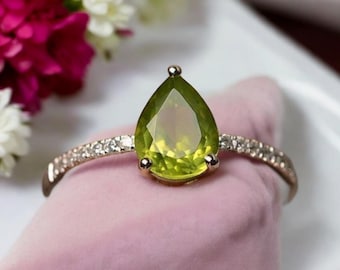 Natural Peridot with Moissanite Ring in Sterling Silver, Peridot Ring, Peridot Jewelry, August Birthstone Jewelry, Gemstone Ring for Women